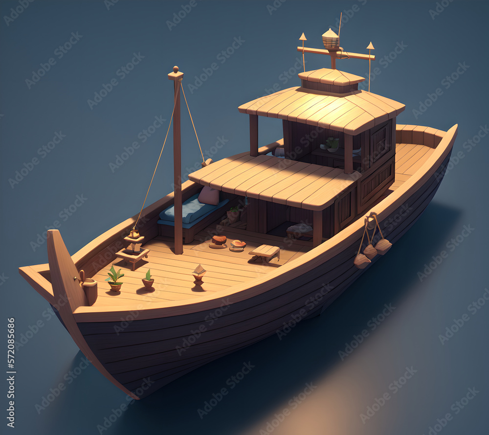 Small wooden fisherboat, 3d isometric reference model, AI generated - obrazy, fototapety, plakaty 