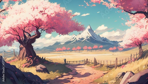 a beautiful Discovering the Tranquility of Spring Landscapes: A Meditation Guide, anime style generative ai  © Leaf
