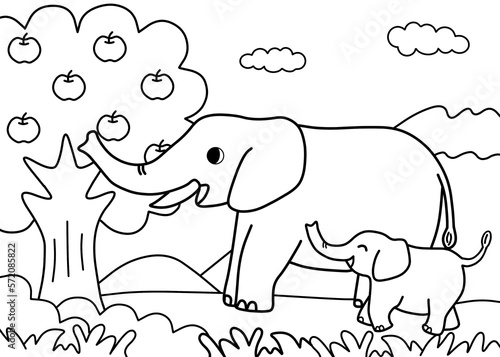 Elephant coloring page for kids. Painting for kindergarten and elementary school children . Children s coloring activity sheet. Cute Illustration to Color. 