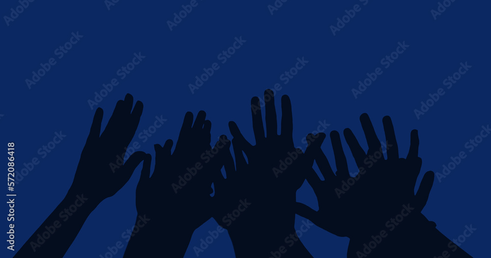 Image of raising hands with copy space on blue background