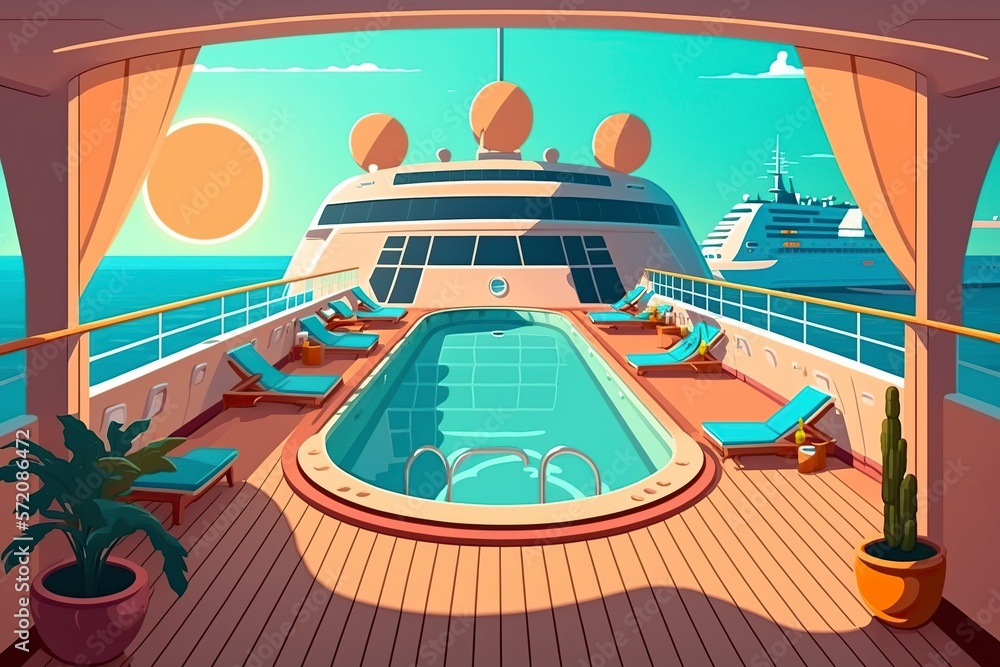 Fototapeta premium cartoon illustration, swimming pool on a cruise ship, ai generative