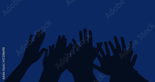 Image of raising hands with copy space on blue background