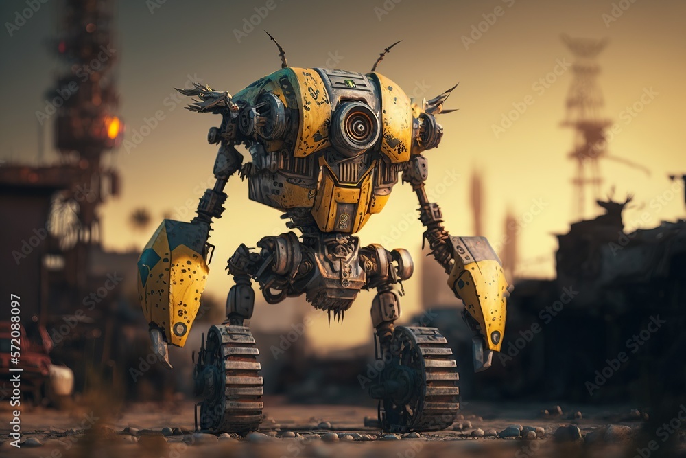 old, and funny cut yellow scrap robot on the junkyard Stock