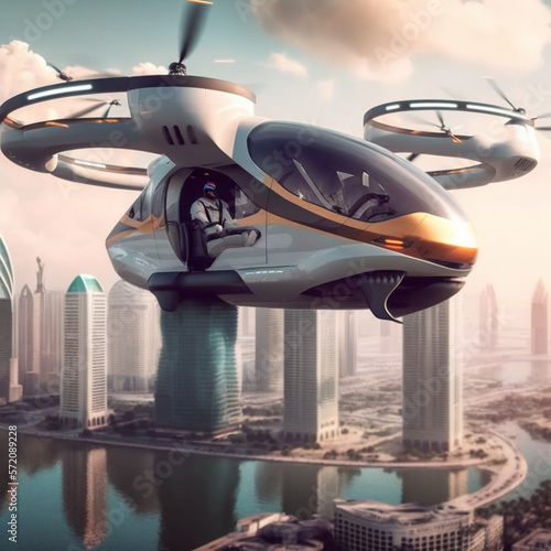 都市型エアモビリティの将来像、都市型エアタクシー、UAM都市型エアモビリティ、公共航空輸送、未来型都市における旅客型自律型航空輸送機AAV,AI画像 © enopi