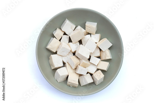 White tofu in plate on white background.