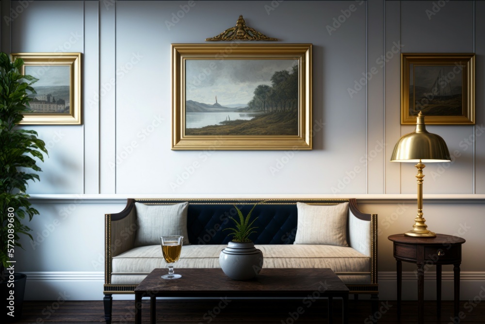 Fototapeta premium Living room interior, frame on wall, modern, clean. Created with generative AI technology 