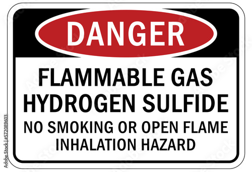 Hydrogen chemical warning sign and labels flammable gas hydrogen sulfide, no smoking or open flame inhalation hazard