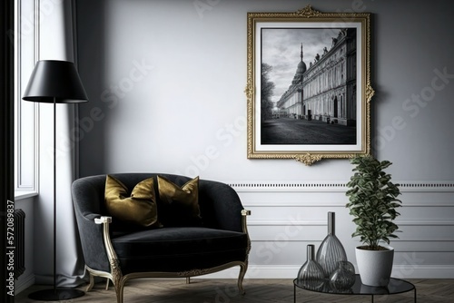 Living room interior, frame on wall, modern, clean. Created with generative AI technology 