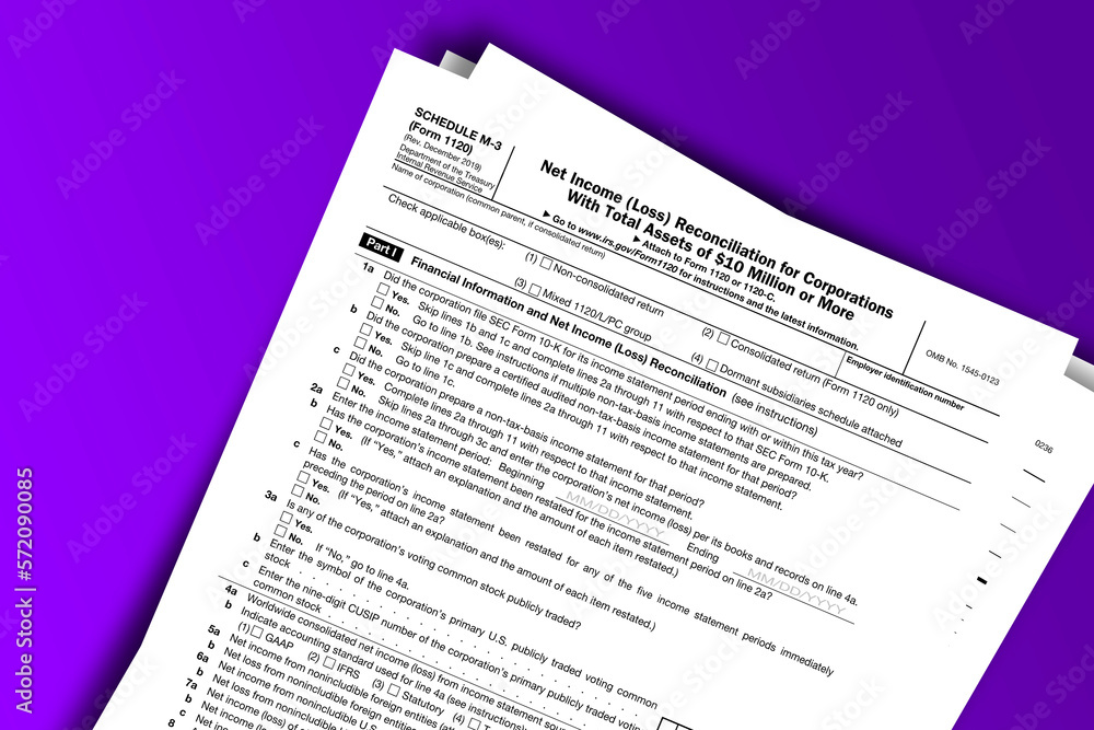 Fototapeta premium Form 1120 (Schedule M-3) documentation published IRS USA 43750. American tax document on colored