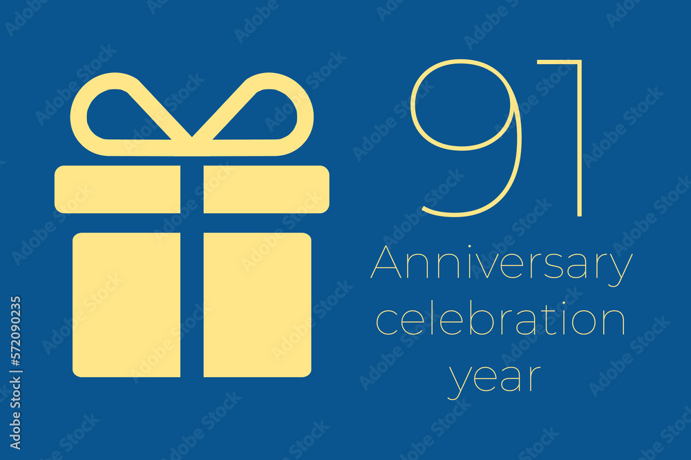 91 logo. 91 years anniversary celebration text. 91 logo on blue background. Illustration with yellow gift icon. Anniversary banner design. Minimalistic greeting card. ninety-one postcard 91 logo. 91 years anniversary celebration text. 91 logo on blue background. Illustration with yellow gift icon. Anniversary banner design. Minimalistic greeting card. ninety-one postcard