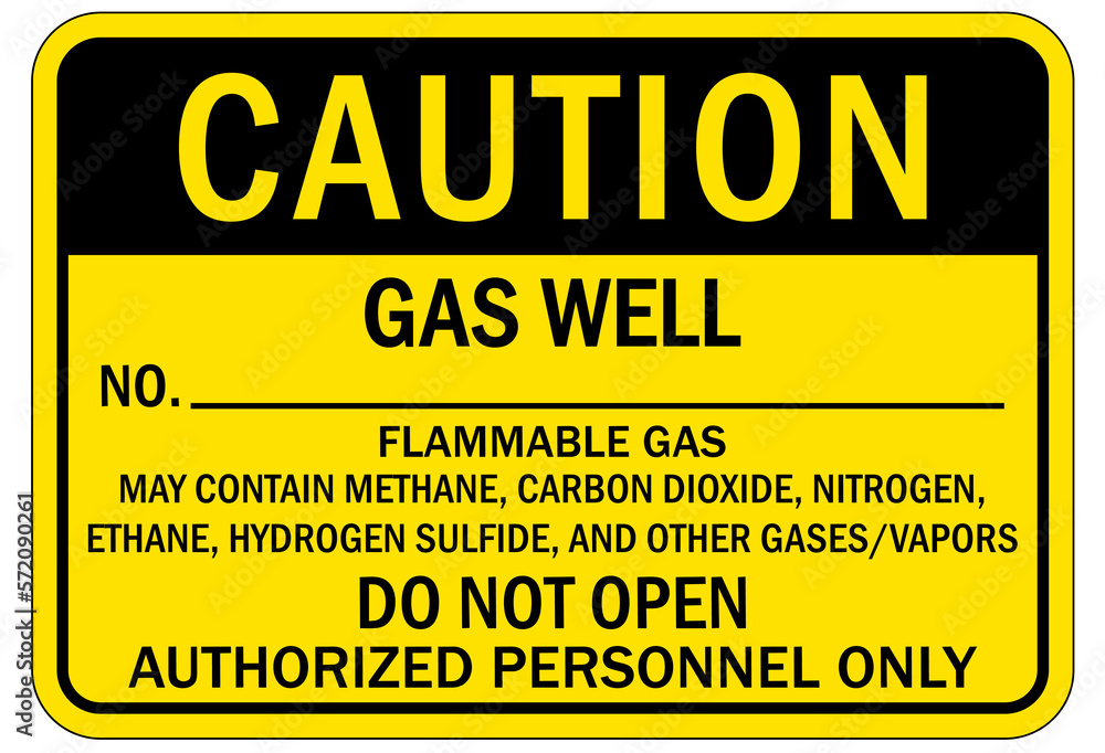 Pipeline sign and labels Gas well, flammable. May contain methane