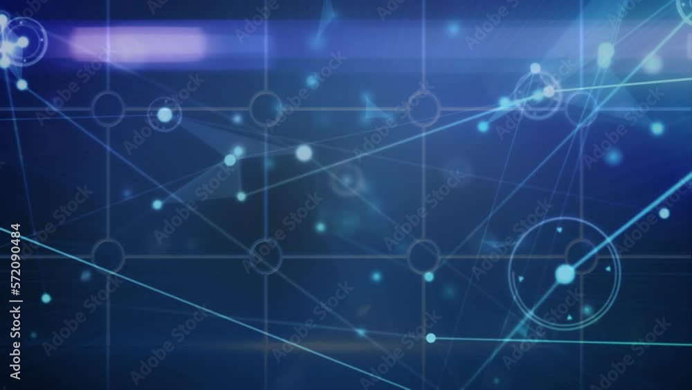 Animation of network of connections over grid network against light trails on blue background Animation of network of connections over grid network against light trails on blue background