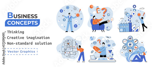 Creative thinking. People with different mental mindset types or model creative. Imaginative logical and structural thinking. MBTI person metaphor. Non standart solution. Brain think people solve idea