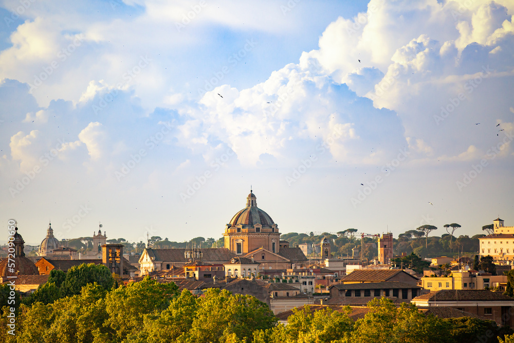 Rome, Italy .Beautiful view at the Rome and Tiberis river.Panoramic view of the city from the Orange Garden. Architecture and landmarks. Old famous streets, attractions and world heritage.