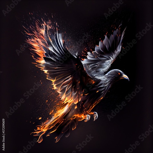 A flying bird with fire flames on black background. Burning and smoking texture. Ai generated red and orange illustration of a flying bird with fire flame.