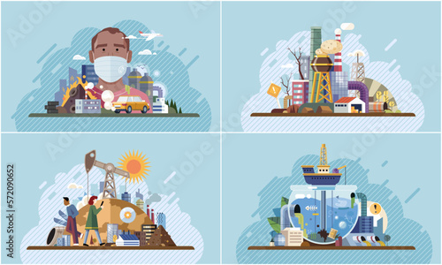Air, water and soil pollution by industrial production concept set. Working plant, factory emitting smoke through chimneys, pouring toxic waste chemicals in river through pipes, environmental problem