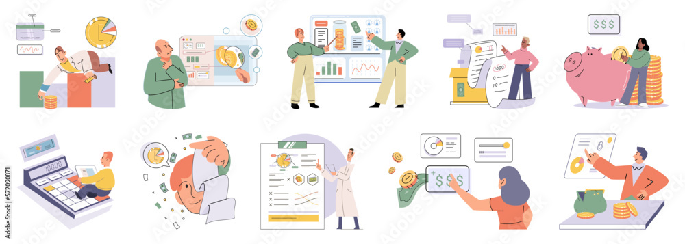 Set of people analyzing personal or corporate budget. Concept of finance accounting and calculation of financial income and expenses report. Financial consultant with document for tax computation Set of people analyzing personal or corporate budget. Concept of finance accounting and calculation of financial income and expenses report. Financial consultant with document for tax computation