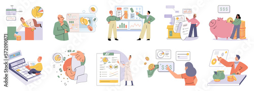Set of people analyzing personal or corporate budget. Concept of finance accounting and calculation of financial income and expenses report. Financial consultant with document for tax computation