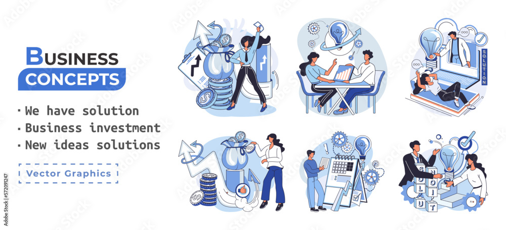 Fototapeta premium We have solution metaphor, business investment, new ideas solution scenes set. Teamwork and brainstorming. Team and new startup. Leadership and financial activities. Concept joint search for new ideas