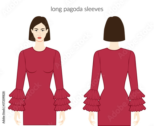 Pagoda sleeves long length clothes character beautiful lady in red top, shirt, dress technical fashion illustration, fitted body. Flat apparel template front, back sides. Women, men unisex CAD mockup