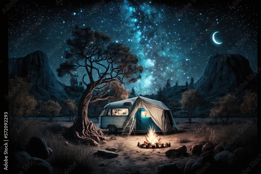 Camping under the stars, concept of Night Sky and Campfire, created with Generative AI technology - obrazy, fototapety, plakaty 