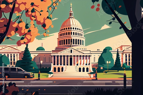 Flat illustration of capitol hill, Washington DC. Generative AI photo