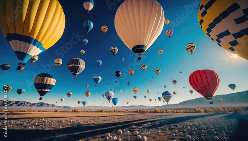 Landscape sunrise with set colorful hot air balloon fly in sky with sunlight. Generative AI