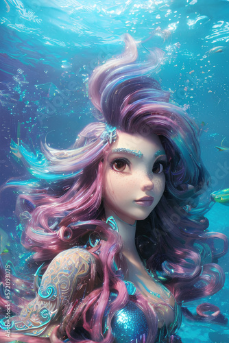 Illustration Meerjungfrau aus Atlantis in Unterwasserwelt in voller Farbpracht - Generative AI