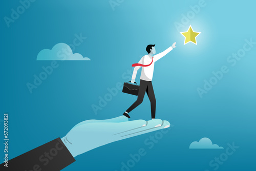 Giant hand lift up businessman employee to overcome obstacle reaching out the star in the sky, Career development support, assistant or mentor to help reach business goal to achieve target or success