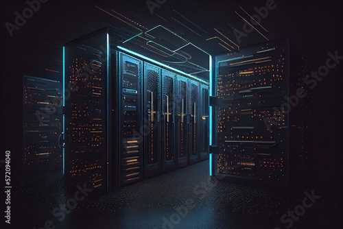 The bright lights of data storage systems contrast against the dark background of the server room. Generative AI