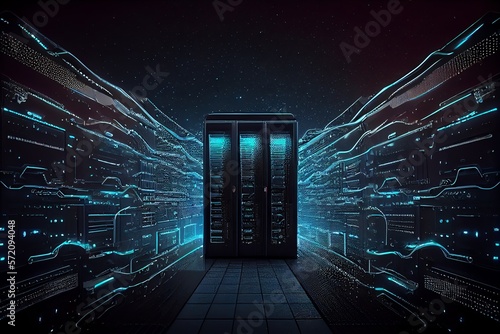The bright lights of data storage systems contrast against the dark background of the server room. Generative AI