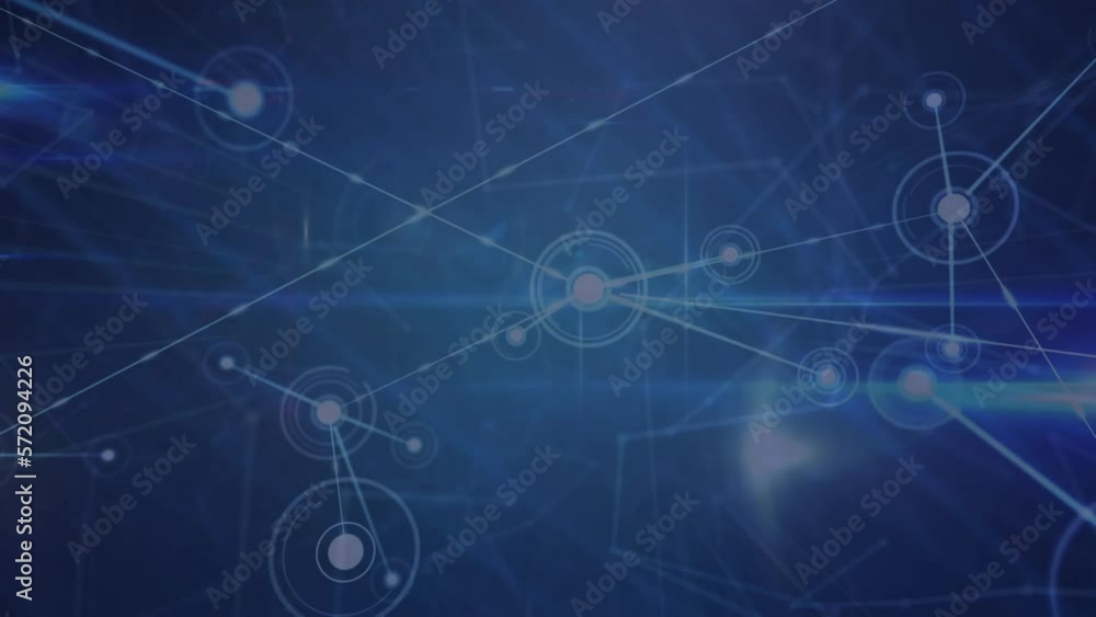 Animation of network of connections and light trails against blue background Animation of network of connections and light trails against blue background