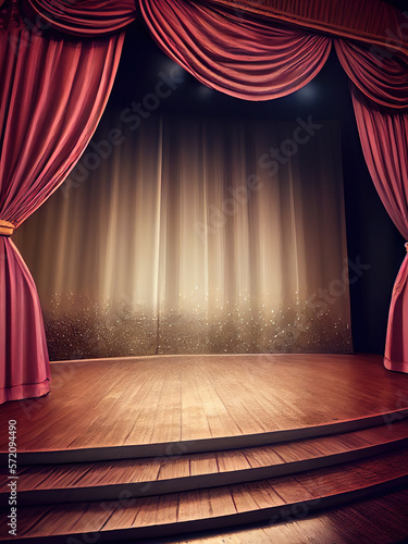 Generative AI: Magic theater stage red curtains Show Spotlight