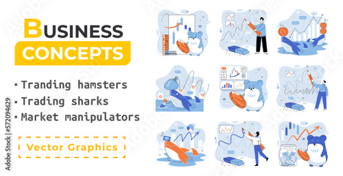 Stock market manipulation concepts set, change business graph indicator, influence crypto currency price for benefit or profit. Character analyzing stock market data to control financial graphic chart