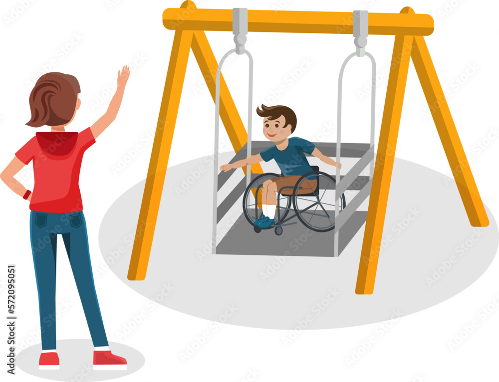 Boy in a wheelchair enjoying the swing at the playground with his young mom. Adaptive swing. Vector illustration of people with disabilities. Boy in a wheelchair enjoying the swing at the playground with his young mom. Adaptive swing. Vector illustration of people with disabilities.