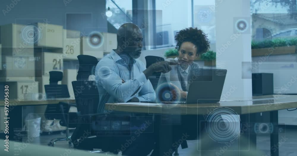 Animation of financial data processing over diverse business people Animation of financial data processing over diverse business people
