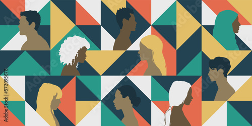 Multicultural community of people. Teamwork, cooperation, racial equality concept. Abstract geometric banner.
