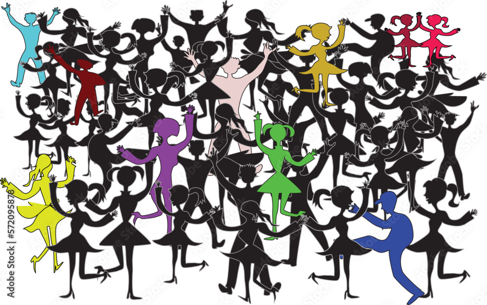 Rainbow children and dancing silhouettes on a white background. Audience. Dancing happy children at a party, rainbow and black silhouettes. Vector, jpg.