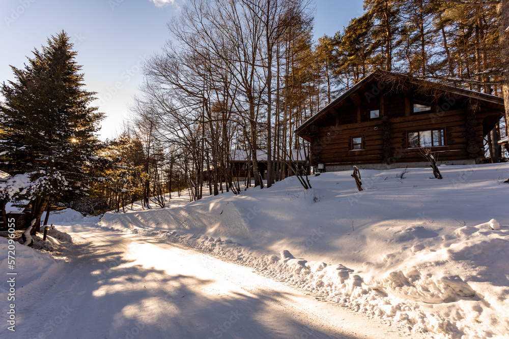 The woods log cabins with snowy rooftop, deep snow outside, morning serene natural landscape in Japan on January 2023. The woods log cabins with snowy rooftop, deep snow outside, morning serene natural landscape in Japan on January 2023.