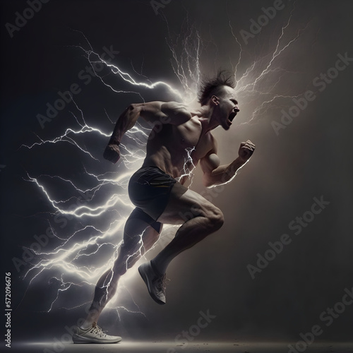 A lightning fast man accelerating at super human speed, with generative AI © Anthony