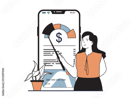 Finance concept with character situation. Woman analyzes financial profit and controls her savings in account using mobile application. Vector illustration with people scene in flat design for web