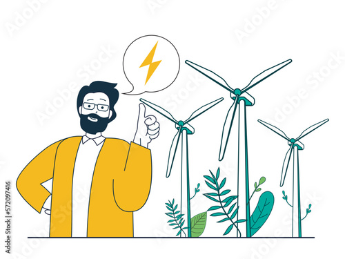 Green energy concept with character situation. Man uses wind turbines to generate electricity, alternative and ecological energy sources. Vector illustration with people scene in flat design for web