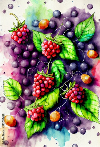 Forest berries watercolor abstract background. Artistic drawn bright raspberry and blueberry painting. AI generated creative decorative berries watercolor vertical poster.
