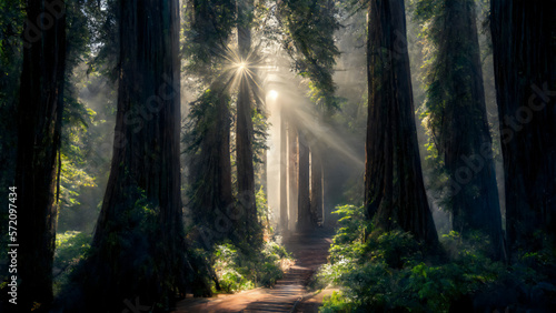 Sunlight through redwood trees on a path in the redwood forest photo