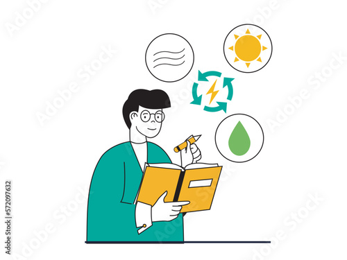 Green energy concept with character situation. Man developing ecological system technology using renewable sources of wind, sun and water.Vector illustration with people scene in flat design for web