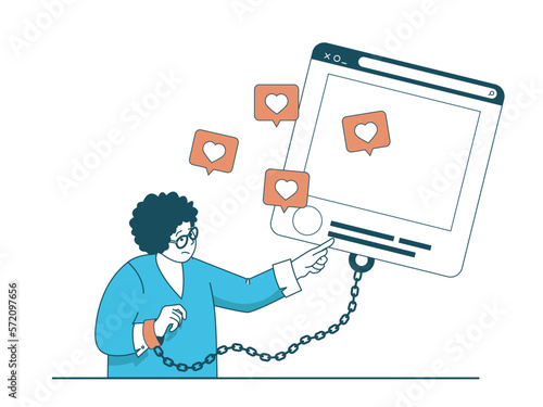 Internet addiction concept with character situation. Woman chained to gadget and obsessed browsing and collecting likes in social networks. Vector illustration with people scene in flat design for web