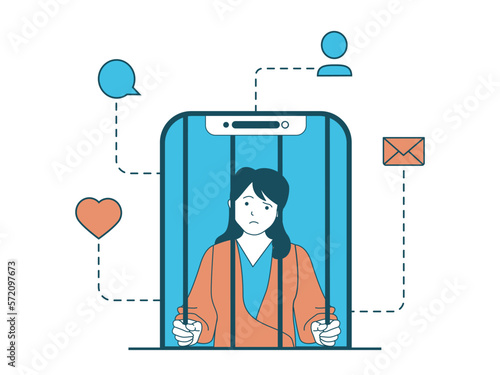 Internet addiction concept with character situation. Woman has addict for social networks and sits in smartphone like prisoner in cage. Vector illustration with people scene in flat design for web