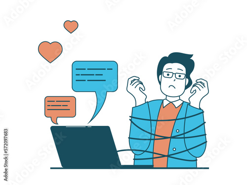 Internet addiction concept with character situation. Man has unhealthy addiction to online chatting and is tied with ropes to laptop. Vector illustration with people scene in flat design for web