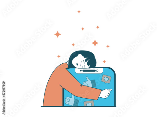 Internet addiction concept with character situation. Sad woman hugging her smartphone and obsessing over networking and audience attention. Vector illustration with people scene in flat design for web