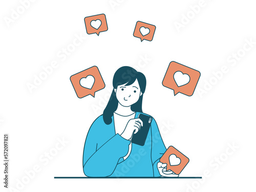 Internet addiction concept with character situation. Woman obsessing over networking and audience attention collecting likes and hearts. Vector illustration with people scene in flat design for web